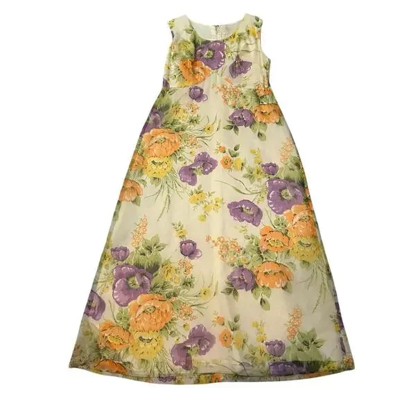 Vintage 70s Floral Maxi Dress Cottagecore Empire Waist Pastel Garden LARGE - Picture 1 of 7